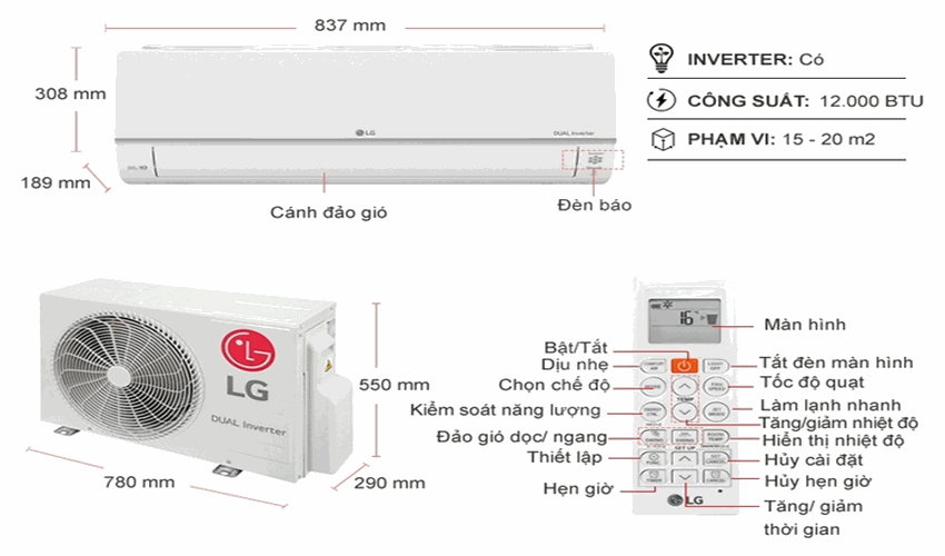 Thông số kỹ thuật Máy lạnh LG Inverter 1.5 HP V13API1