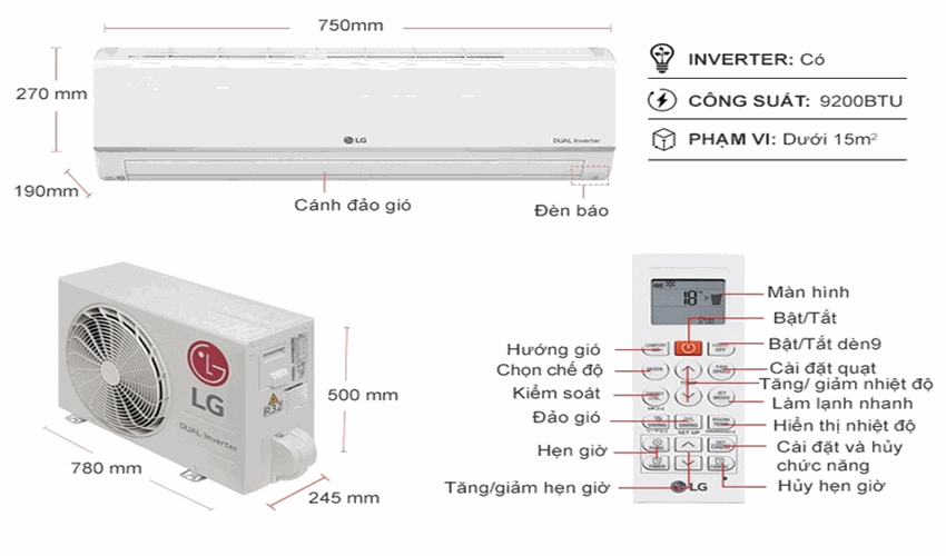Thông số kỹ thuật Máy lạnh LG Inverter 1 HP V10ENW1